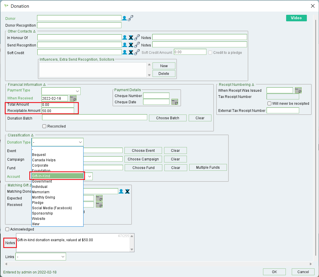 Recording GiftinKind Donations